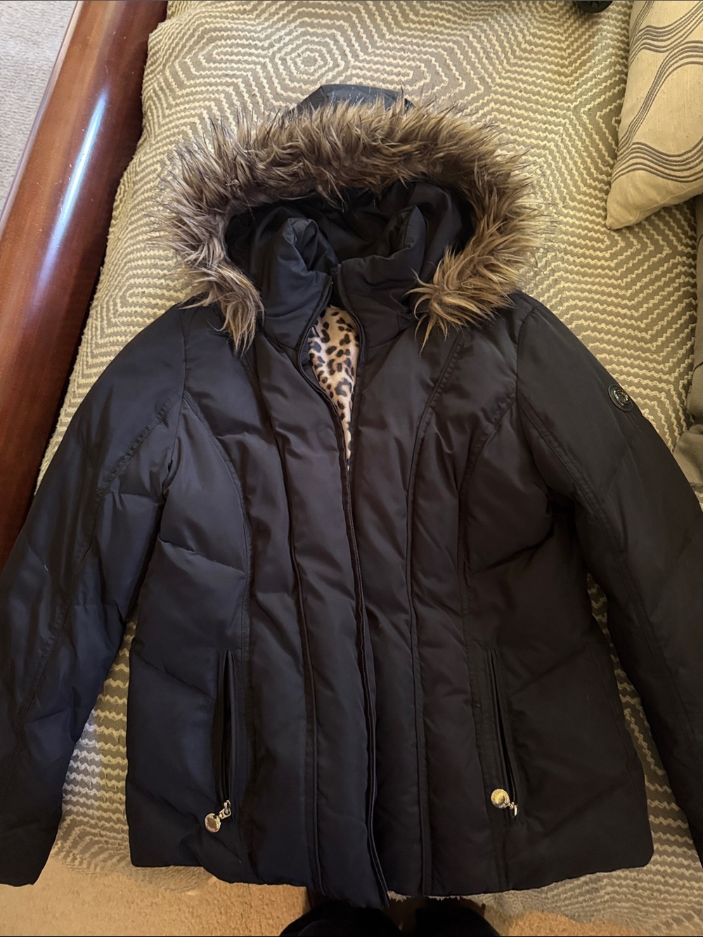Calvin Klein Black Quilted Puffer Jacket with Faux Fur Hood